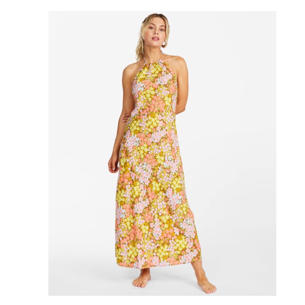 Billabong Retro Romance Halter Maxi Dress Small Moss Pink Mod 70s Floral